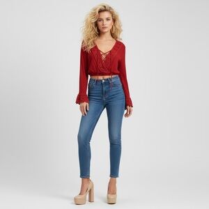 Boho Festival Red Crochet V-Neck Long Sleeve Crop Top